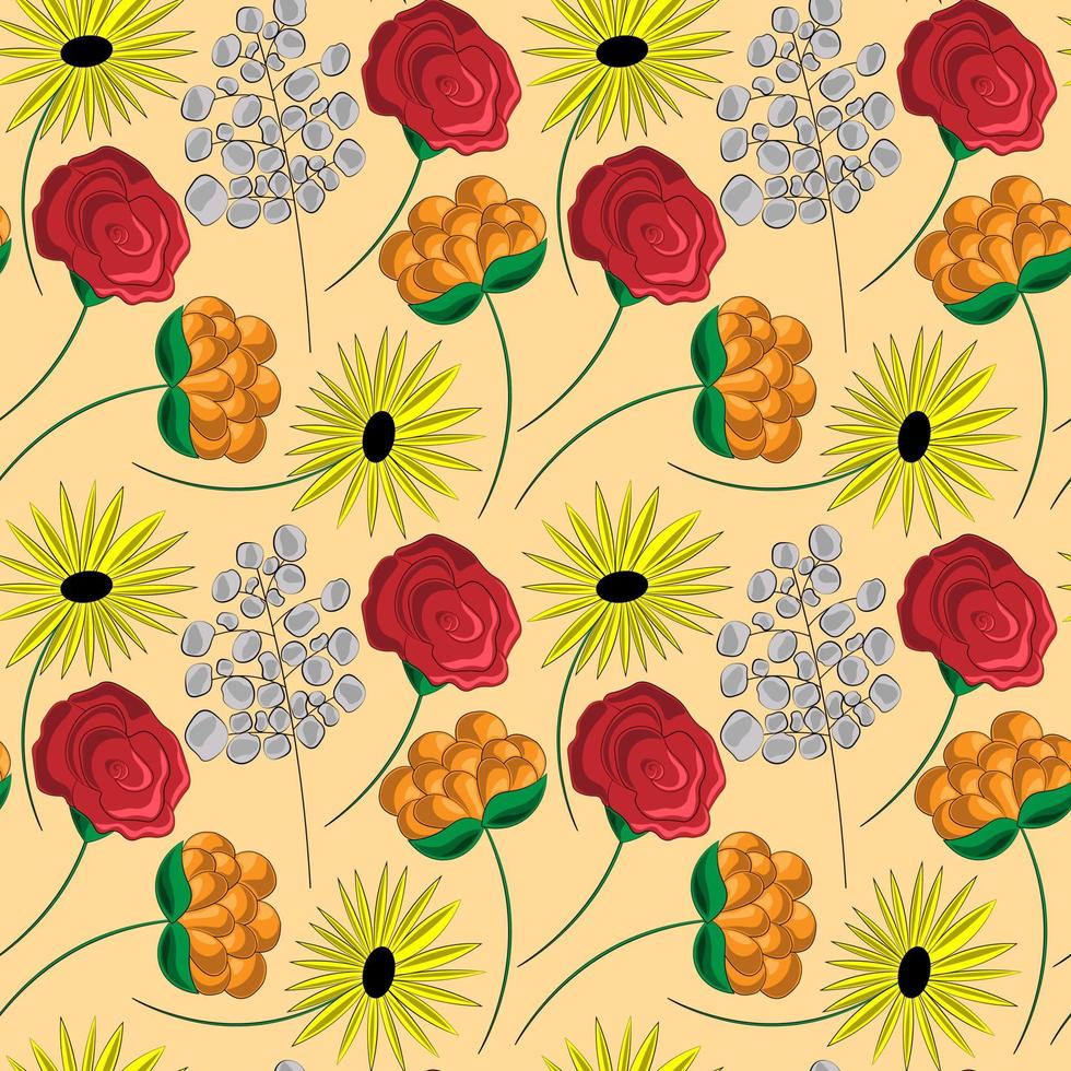 Seamless vector pattern with different colored flowers