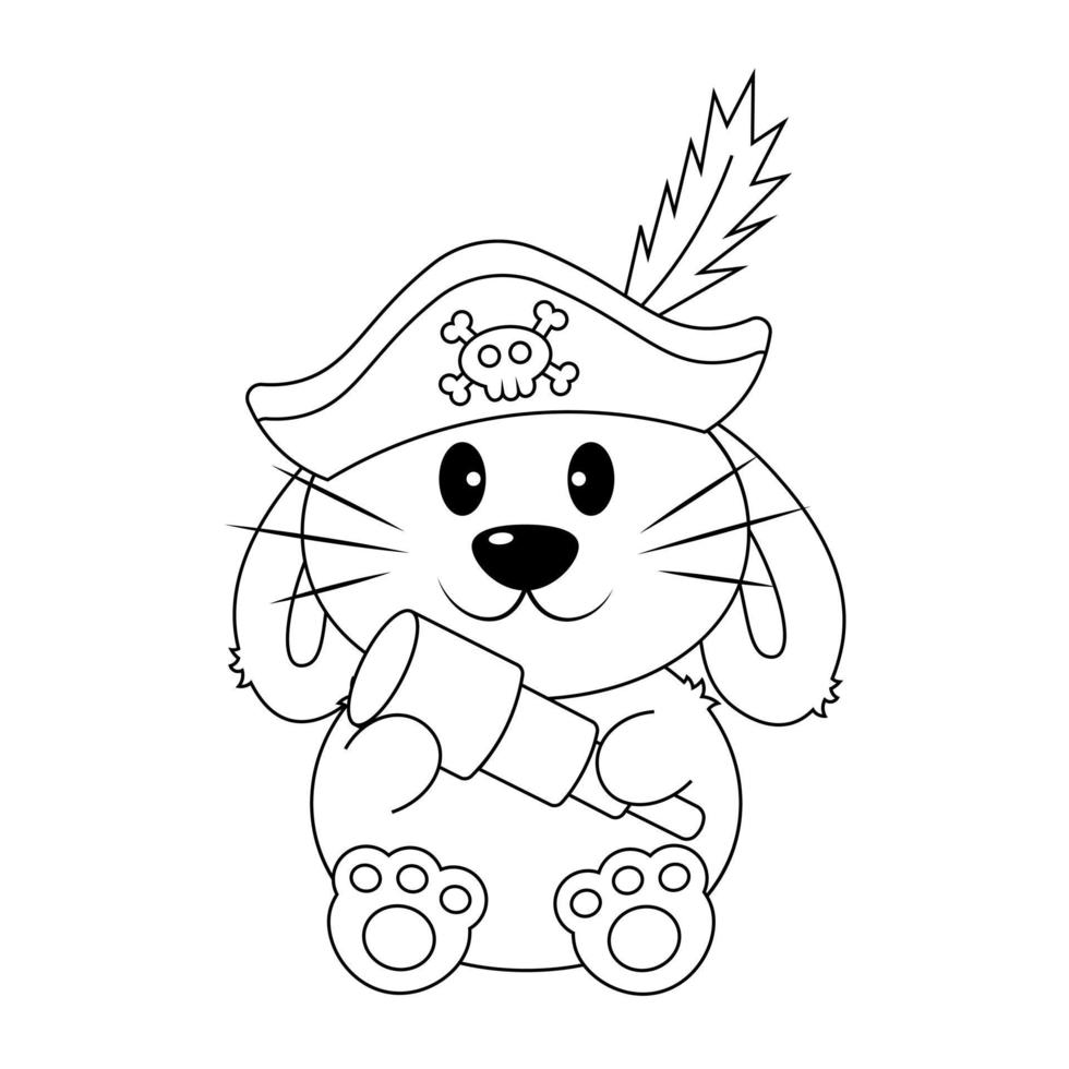 Cute cartoon Rabbit Pirate. Draw illustration in black and white vector