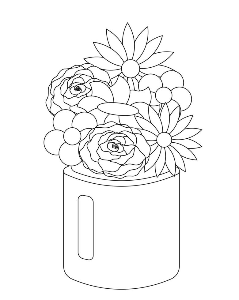 Flowers in vase. Draw illustration in black and white vector