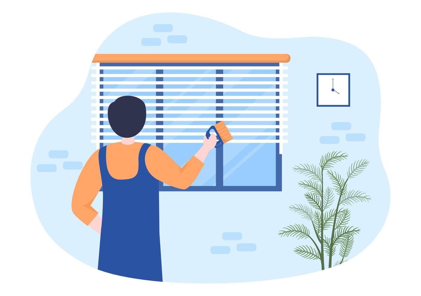 Mini Blinds Service Window and Curtains Treatment using Various Cleaning Tools or Home Interiors in Flat Cartoon Illustration vector