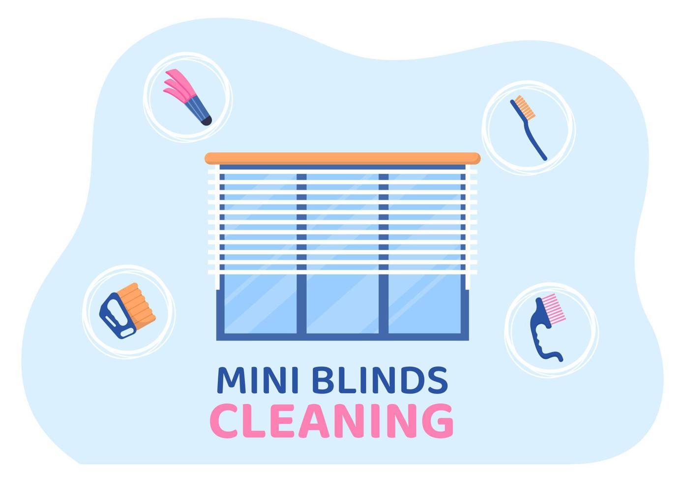tratamiento de ventanas y cortinas de servicio de mini persianas usando varias herramientas de limpieza o interiores de casas en ilustración de caricaturas planas vector