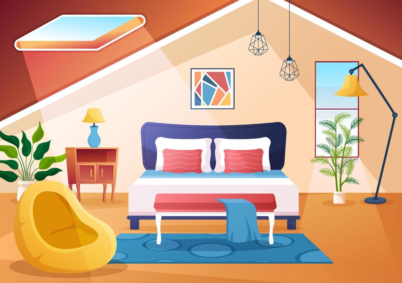acogedor interior de dormitorio con muebles como cama, armario, mesita de noche, jarrón, araña de estilo moderno en ilustración de vectores de dibujos animados