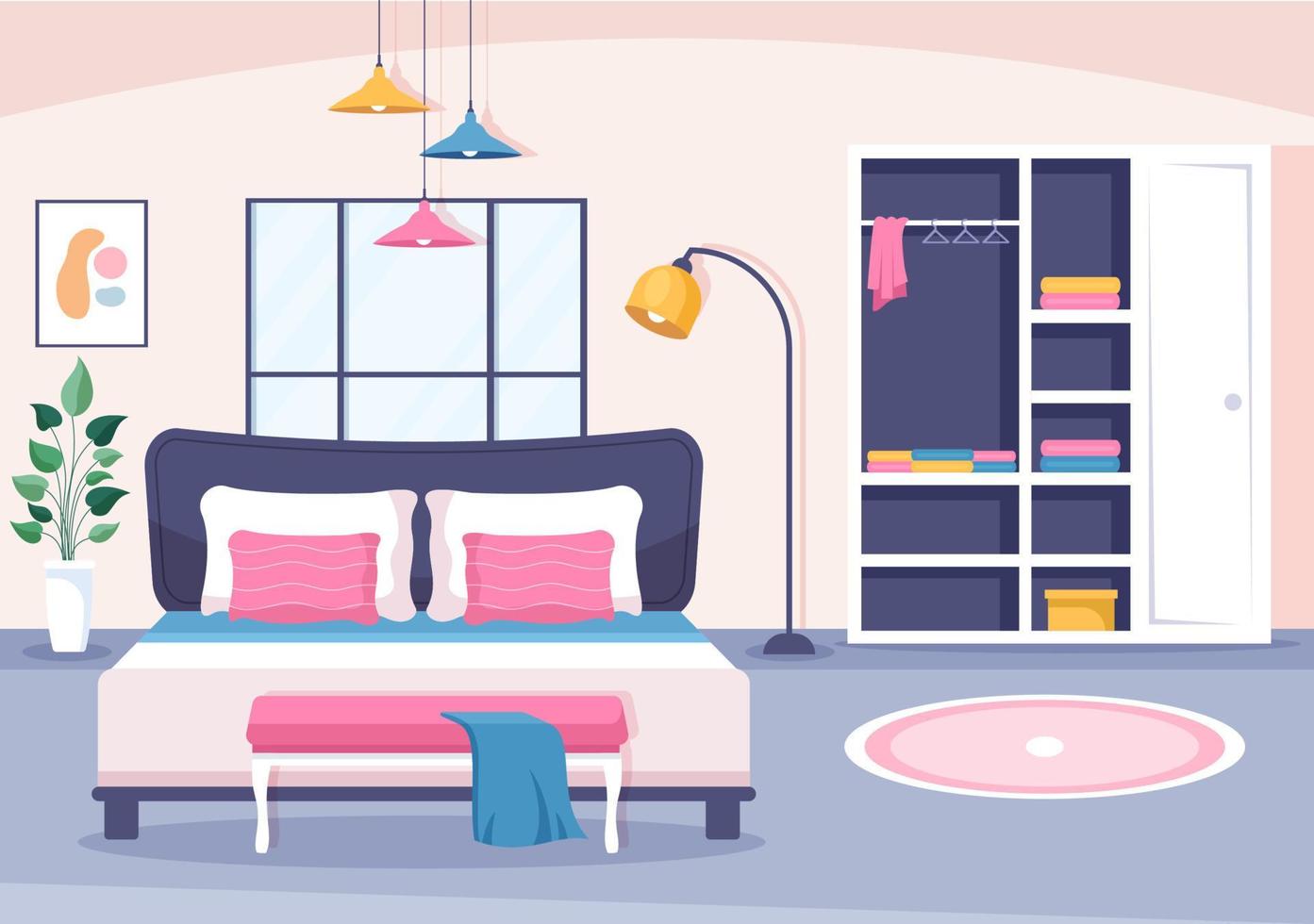 acogedor interior de dormitorio con muebles como cama, armario, mesita de noche, jarrón, araña de estilo moderno en ilustración de vectores de dibujos animados