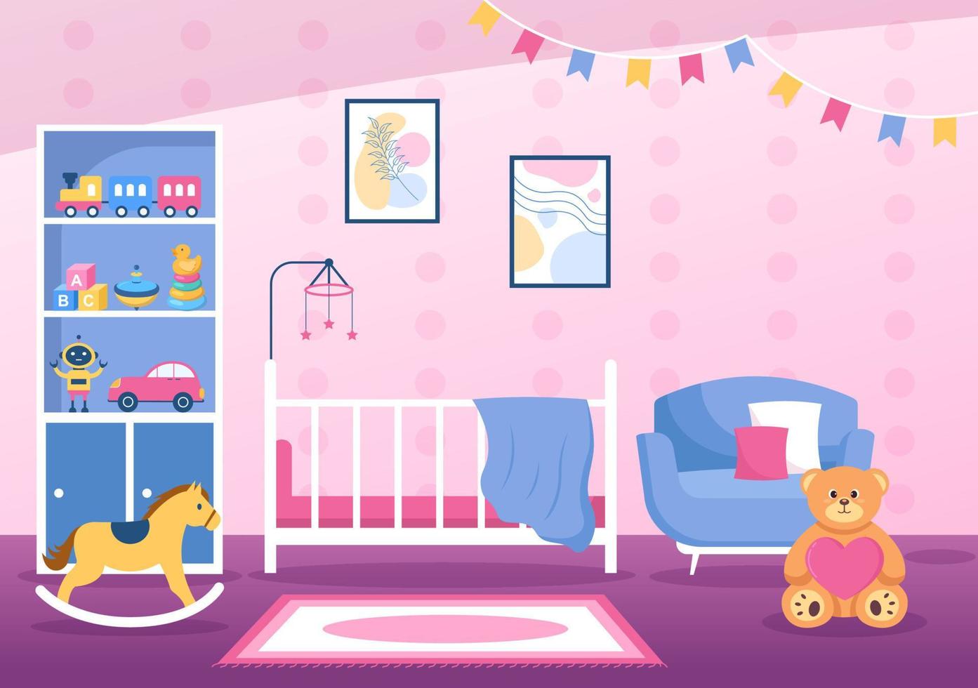 Cozy Kids Bedroom Interior with Furniture Like Bed, Toys, Wardrobe, Bedside Table, Vase, Chandelier in Modern Style in Cartoon Vector Illustration