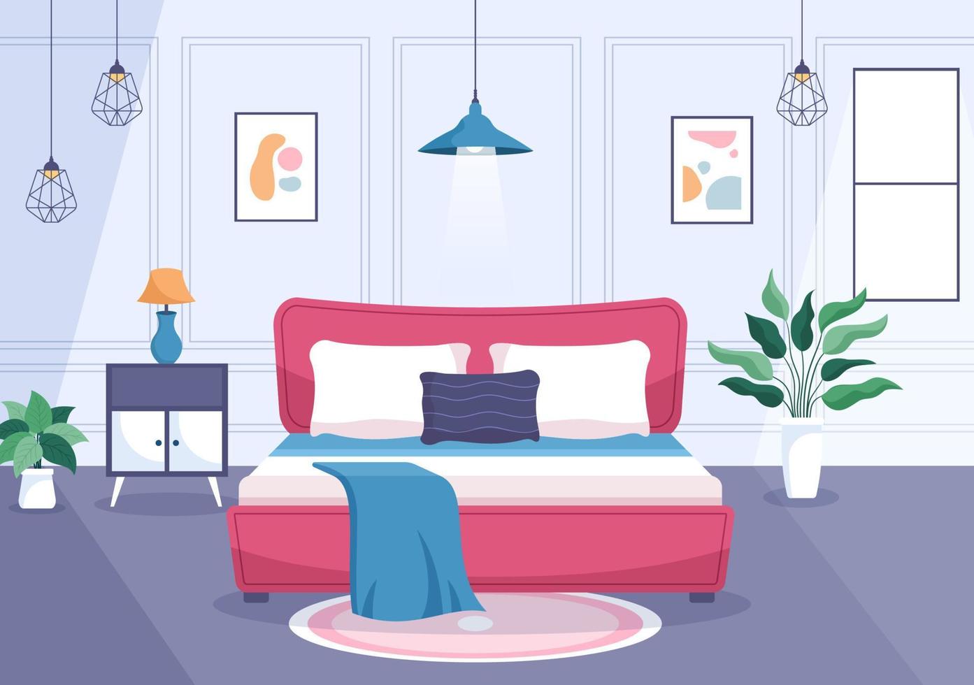 acogedor interior de dormitorio con muebles como cama, armario, mesita de noche, jarrón, araña de estilo moderno en ilustración de vectores de dibujos animados