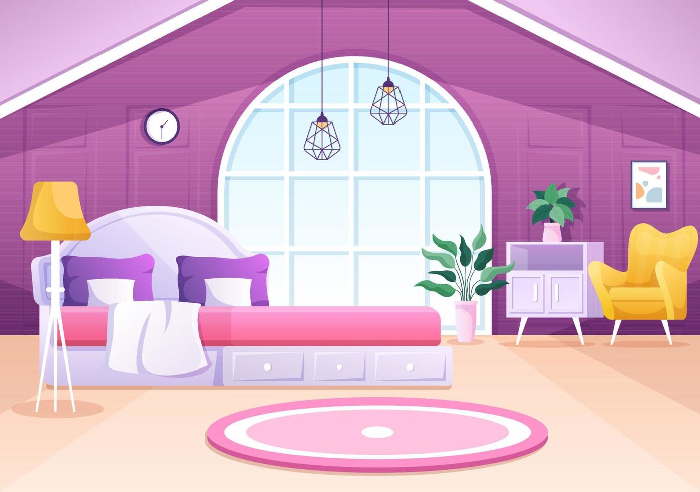 acogedor interior de dormitorio con muebles como cama, armario, mesita de noche, jarrón, araña de estilo moderno en ilustración de vectores de dibujos animados