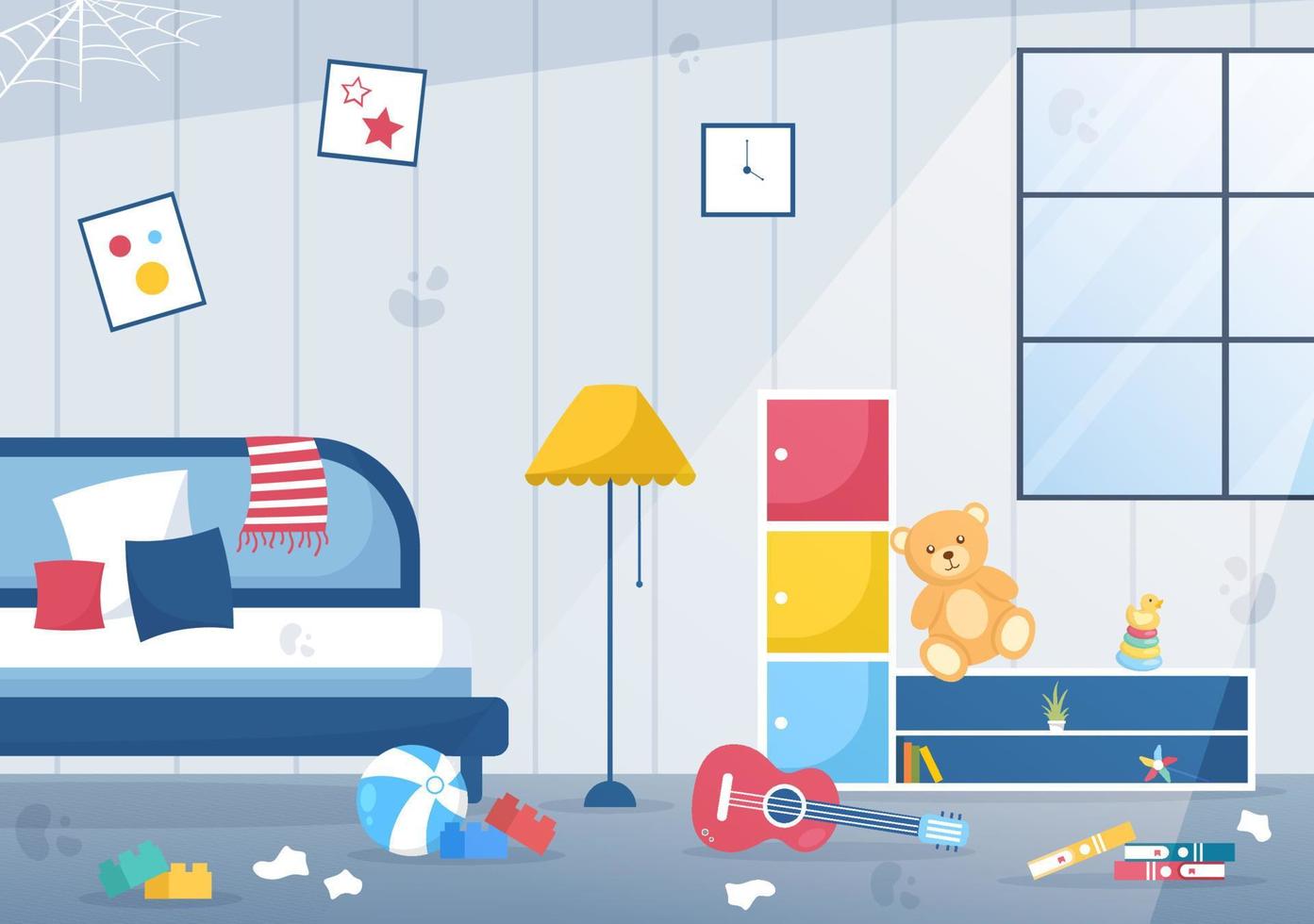 The Bedroom Interior of Messy or Dirty with Trash and Items Scattered Everywhere on Modern Style in Cartoon Vector Illustration