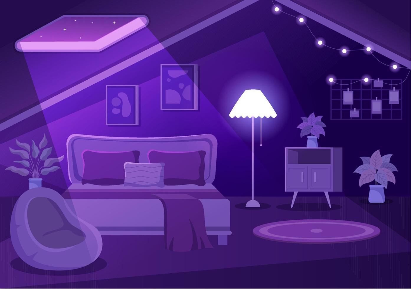 interior de dormitorio acogedor nocturno con muebles como cama, armario, mesita de noche, jarrón, lámpara de araña en estilo moderno en ilustración de vectores de dibujos animados