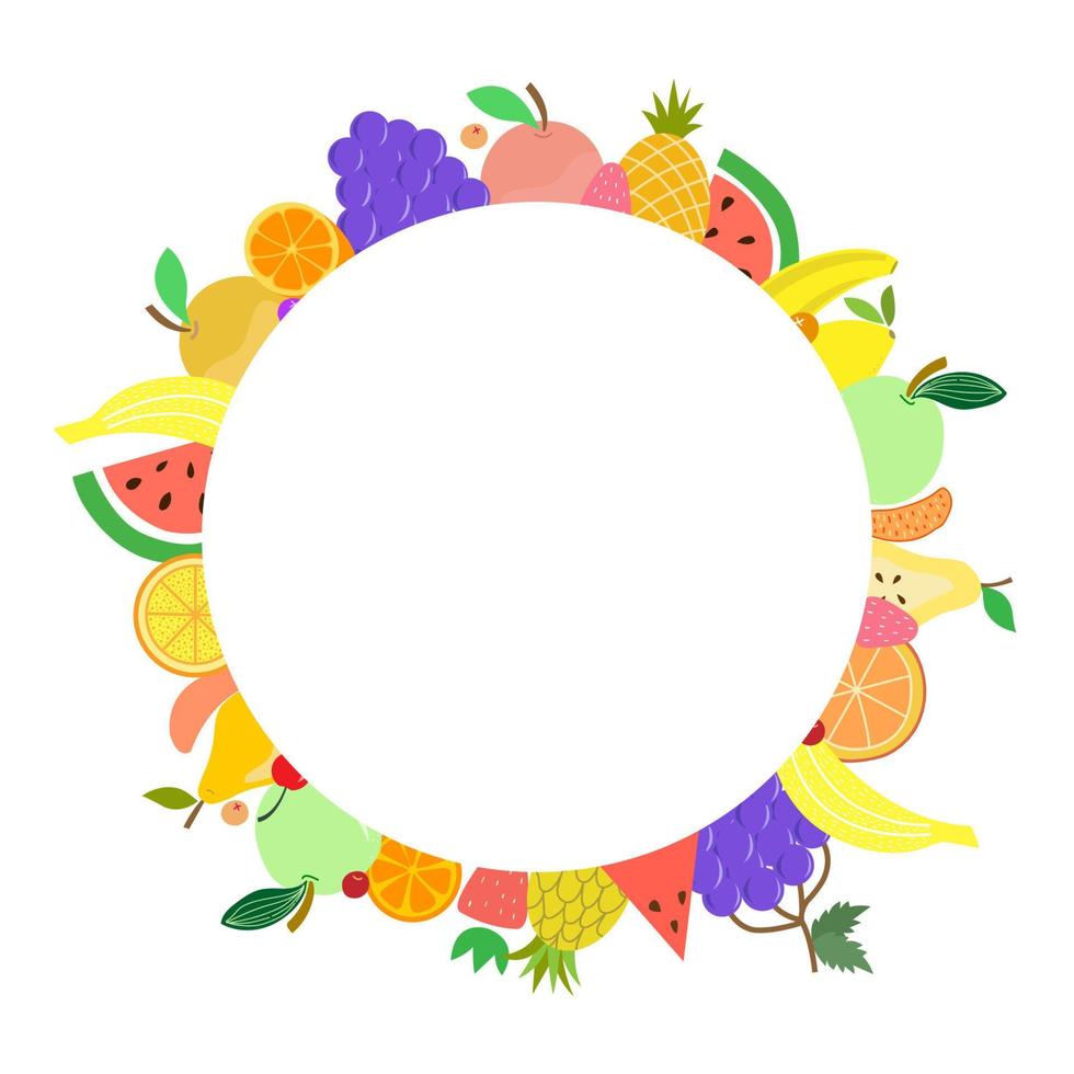 marco redondo de frutas, sandía, plátano, piña, uvas, manzana, limón, fresa, pera, cereza, bayas. marco para texto, composición de verano, pancarta, afiche, portada. deliciosas frutas saludables vector