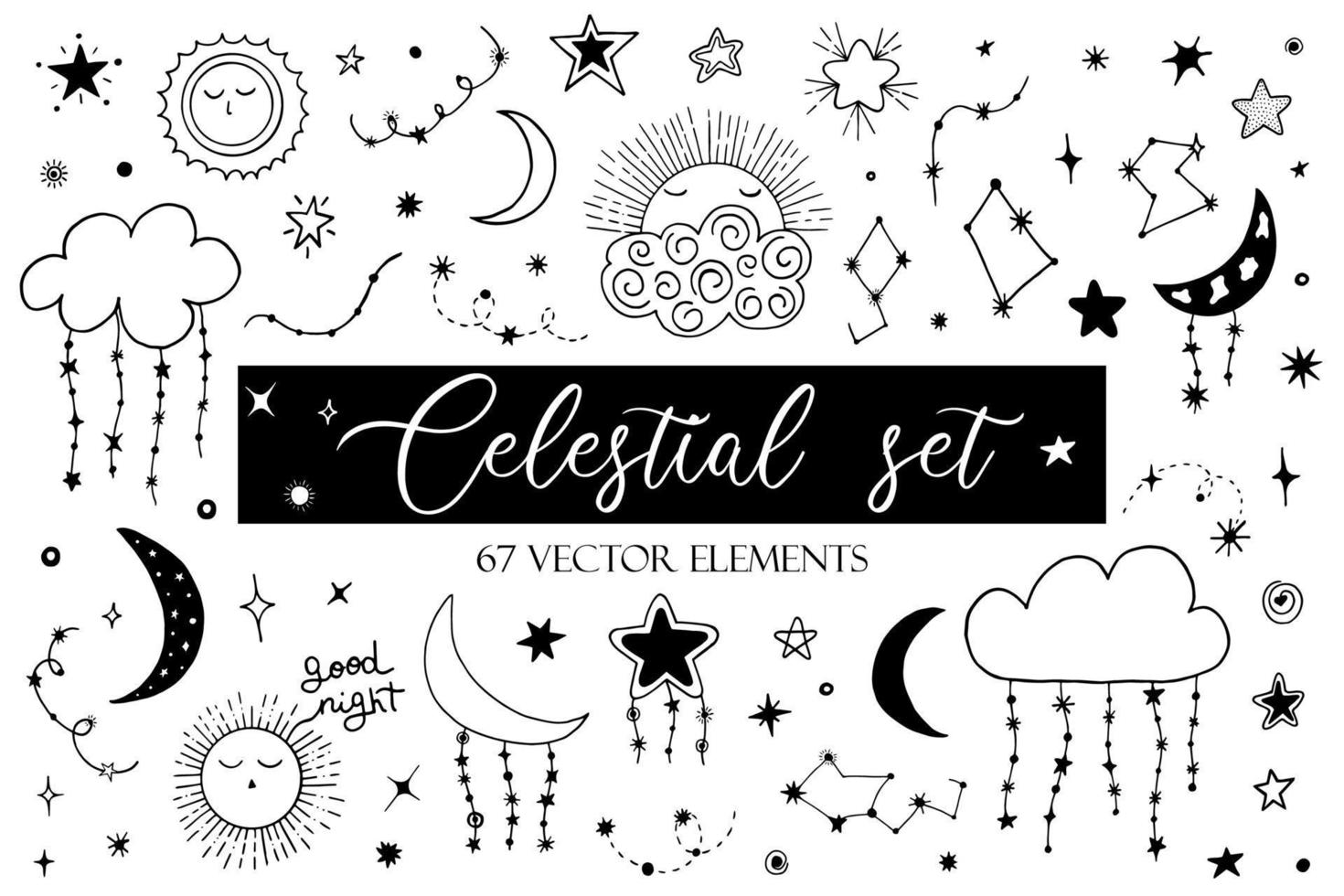Collection of night sky elements. For design of surfaces, prints, wrapping paper, cards, posters, banners, printing. Theme space, Cosmonautics Day, astronomy, stars. Celestial set vector