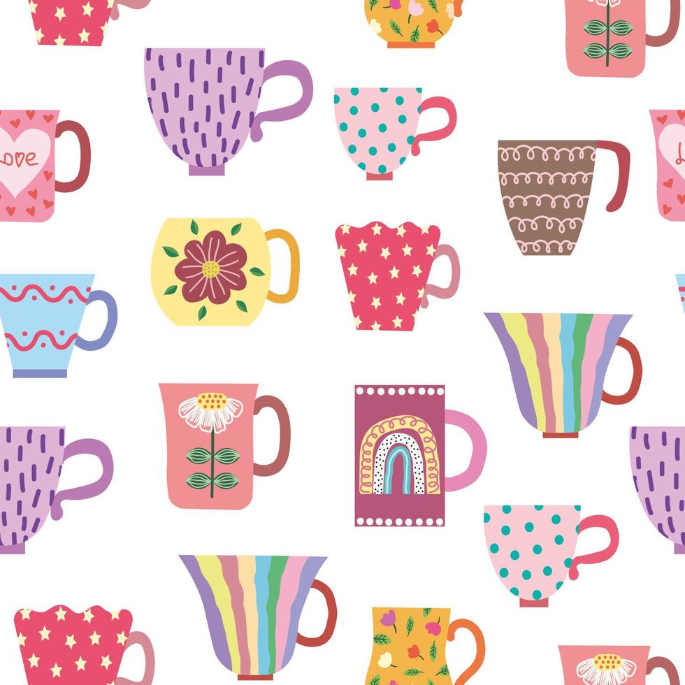 Seamless pattern of vintage mugs. Hand-drawn with a naive Scandinavian style. Pastel colors, pink, blue, gray. For design of surfaces, prints, wrapping paper, fabric vector