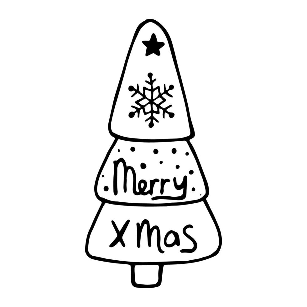 Christmas doodle tree. Illustration hand-drawn by liner. The simple fir tree for New Year, cozy winter, Christmas. vector