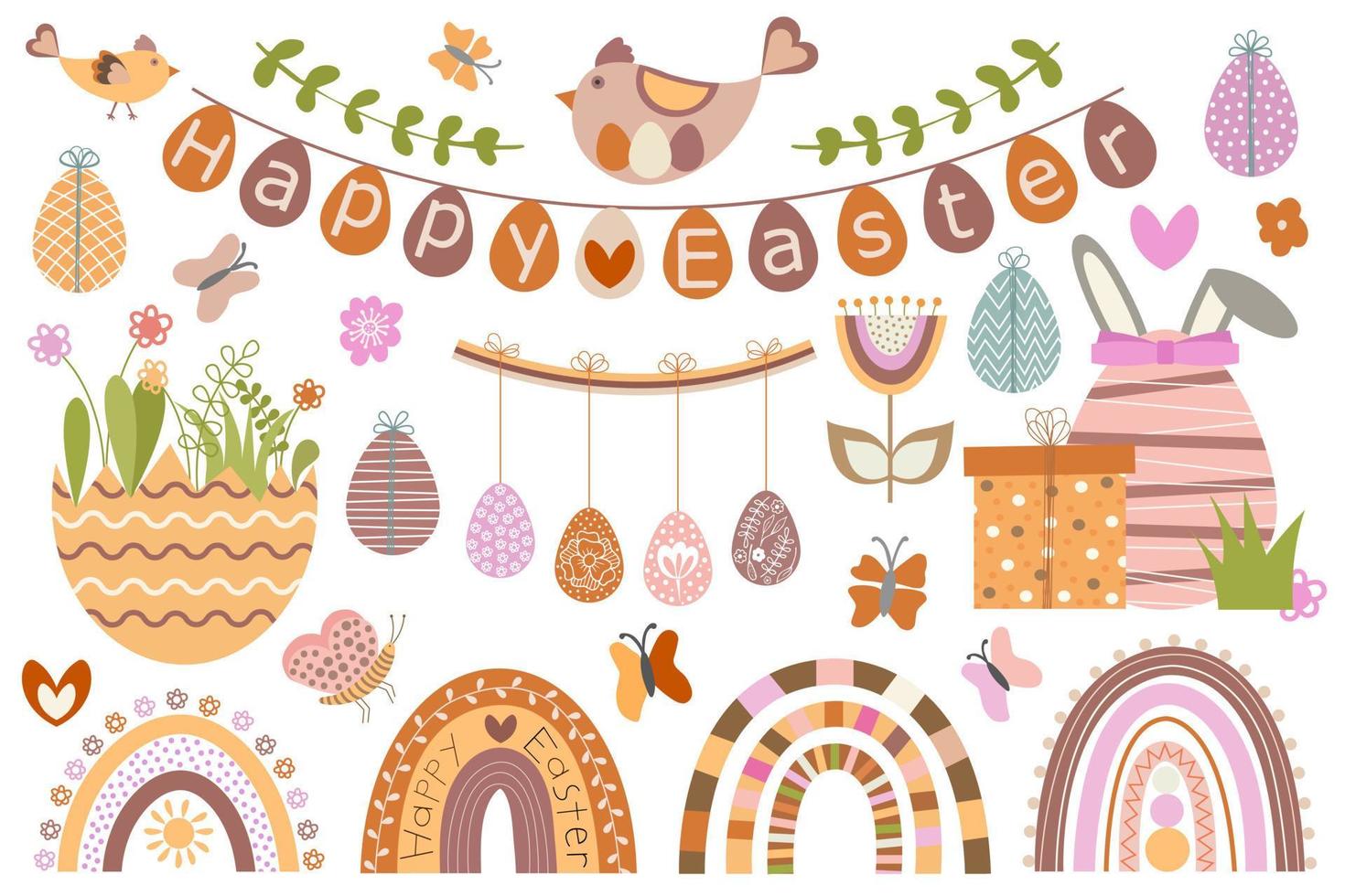 Cute set of Happy Easter. Illustrations in style of boho, cartoon, flat. For design of holiday cards, invitations, banners, stickers, posters. Rainbow, butterfly, flowers, eggs, chicken, rabbit vector