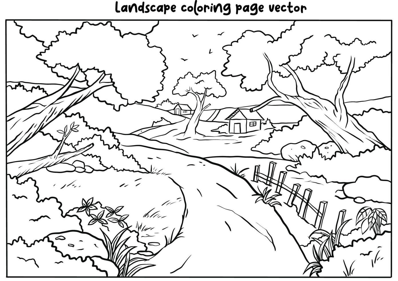 COUNTRYSIDE LANDSCAPE COLORING PAGE FOR ADULT vector