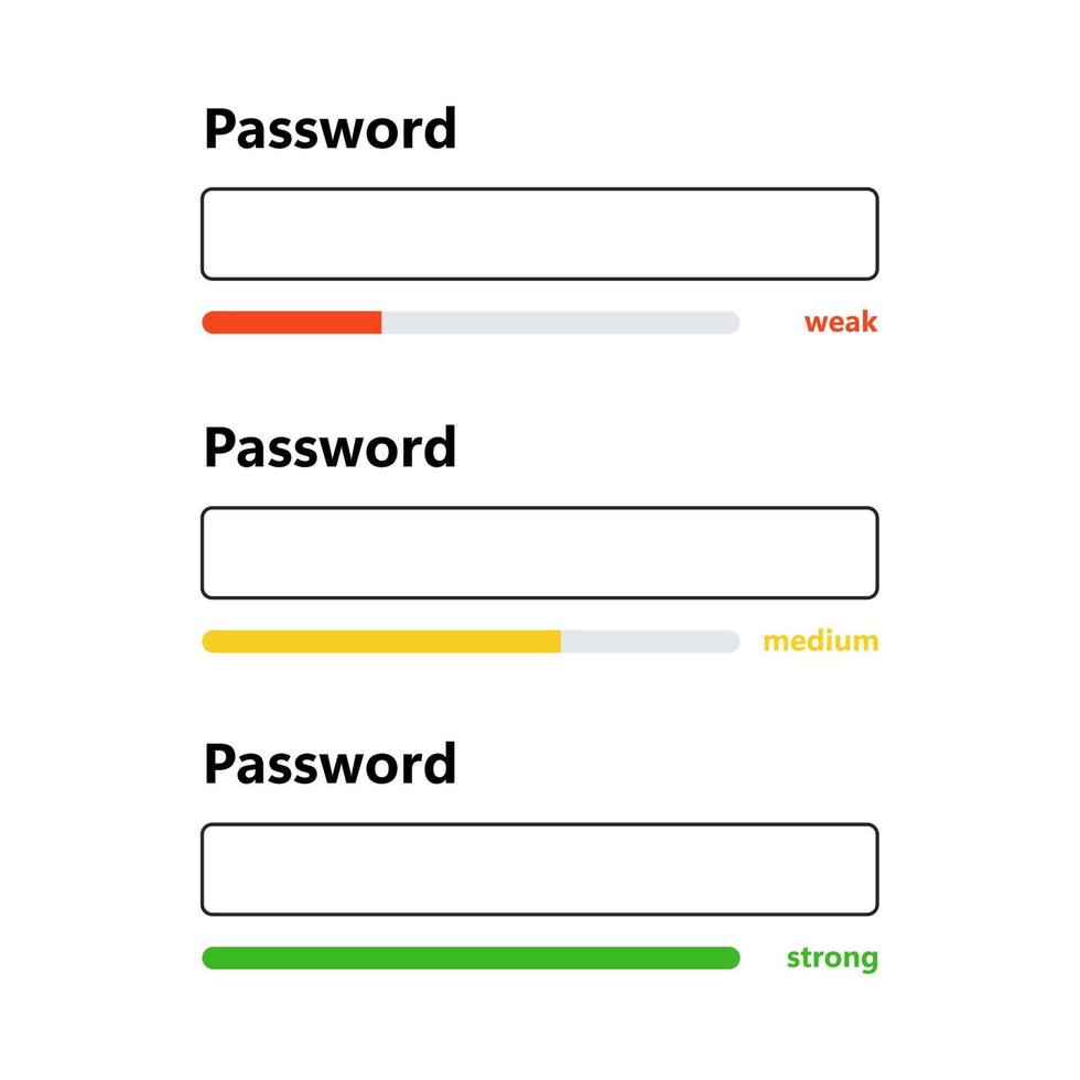 Password weak, medium and strong interface. Password form template for website. Digital security bar. Safety requirement. App design layout interface. Vector illustration isolated on white background