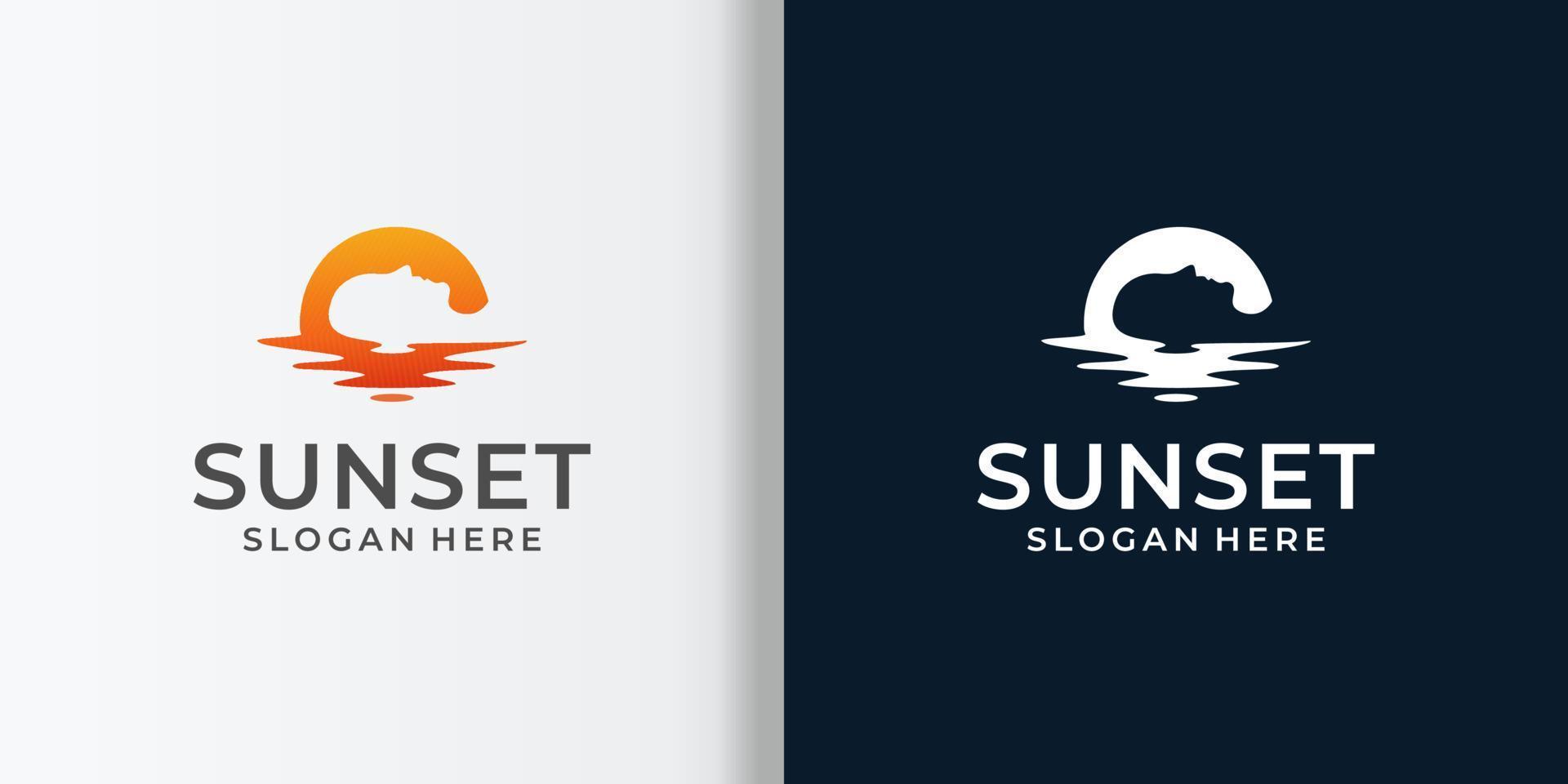 logotipo de puesta de sol con vector premium de gente de cabeza de espacio negativo