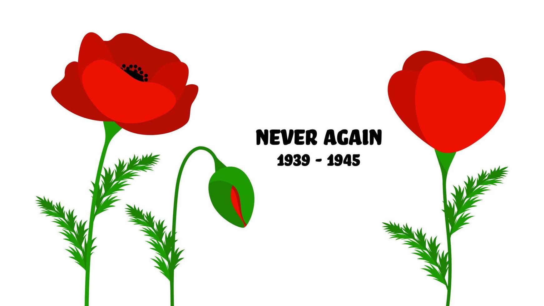 pancarta del día de la victoria con flores de amapola y una descripción nunca más vector