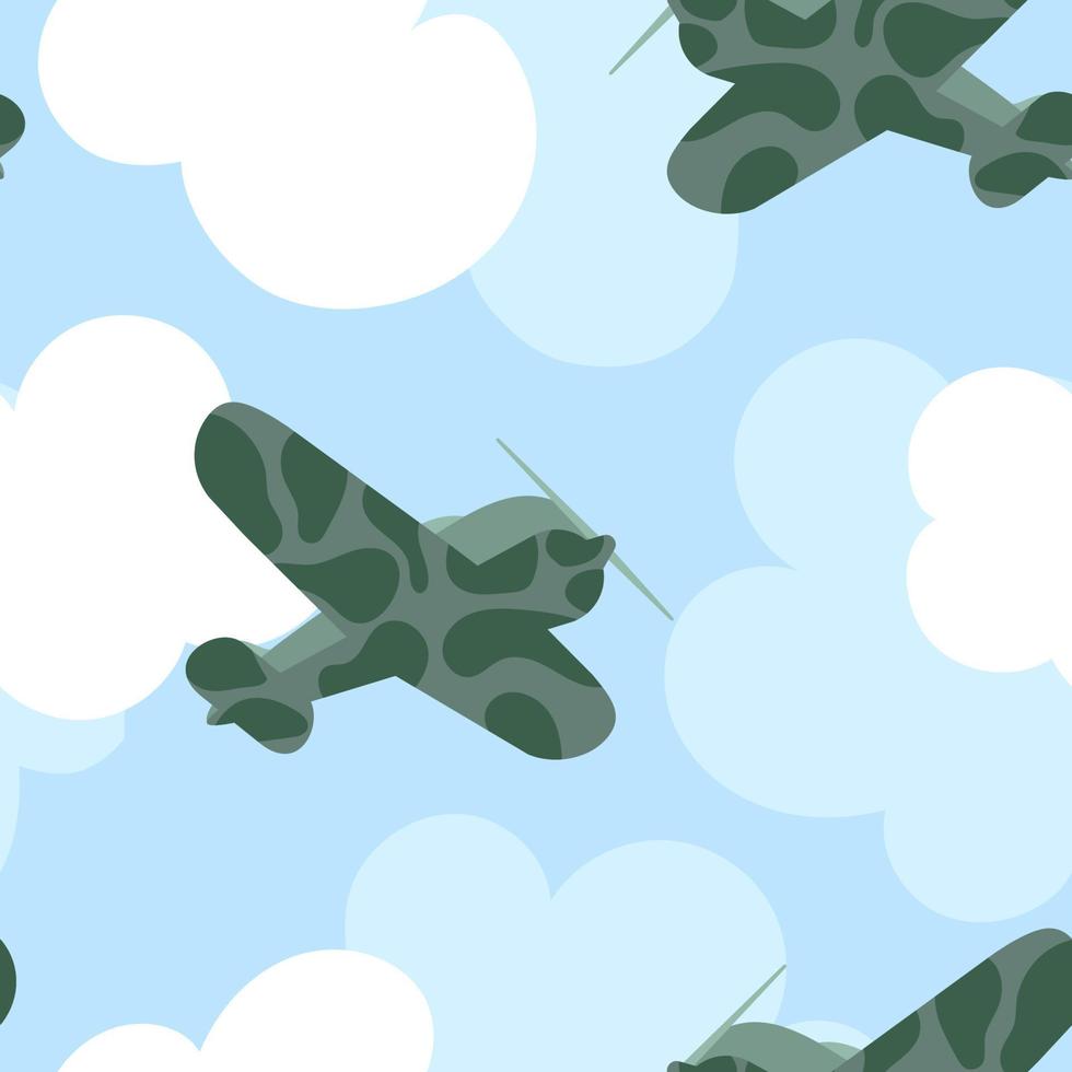 Plane in the Sky. Vector Seamless Pattern