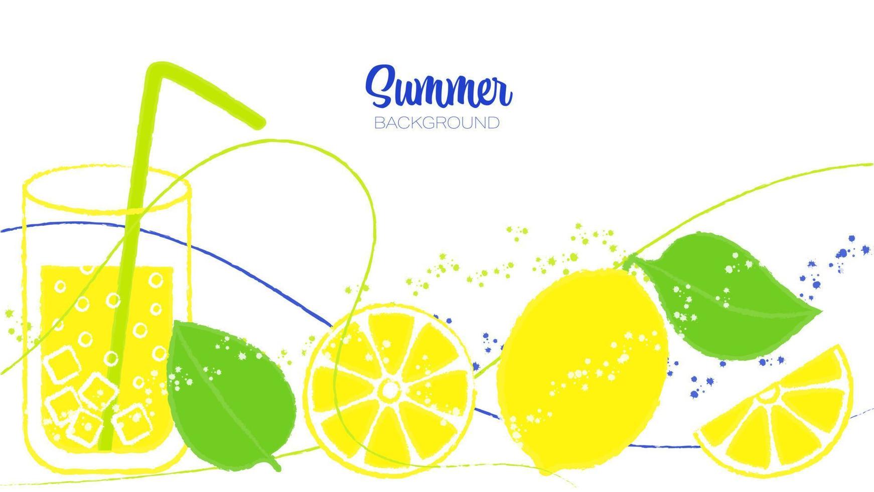 Decorative Vector Colorful Summer Background With Fresh Juicy Lemons and Abstract Brush Strokes and Splashes