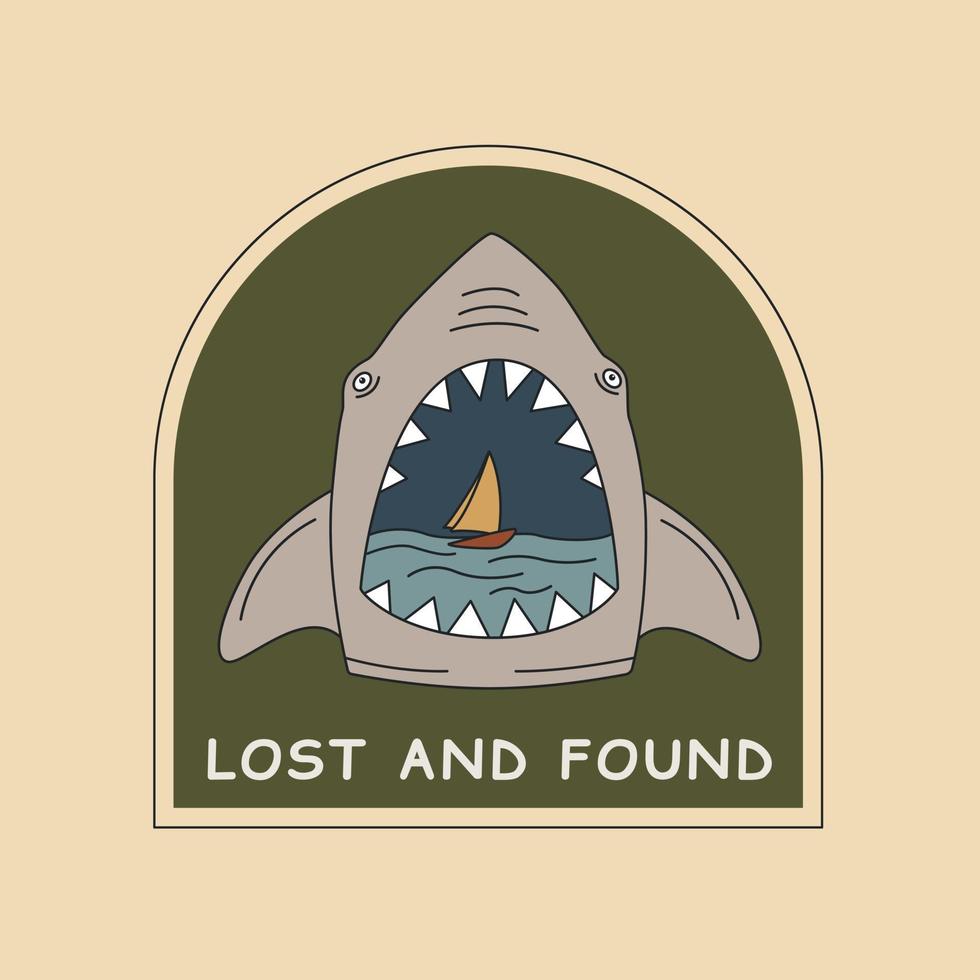 Lost And Found. Shark With Open Mouth And Sailboat Inside. vector