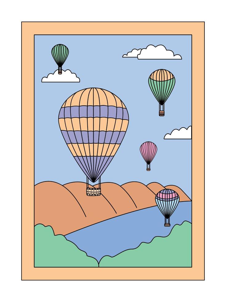 Hot Air Balloons In The Sky Above The River. Hand Drawn Flat Vector Illustration.