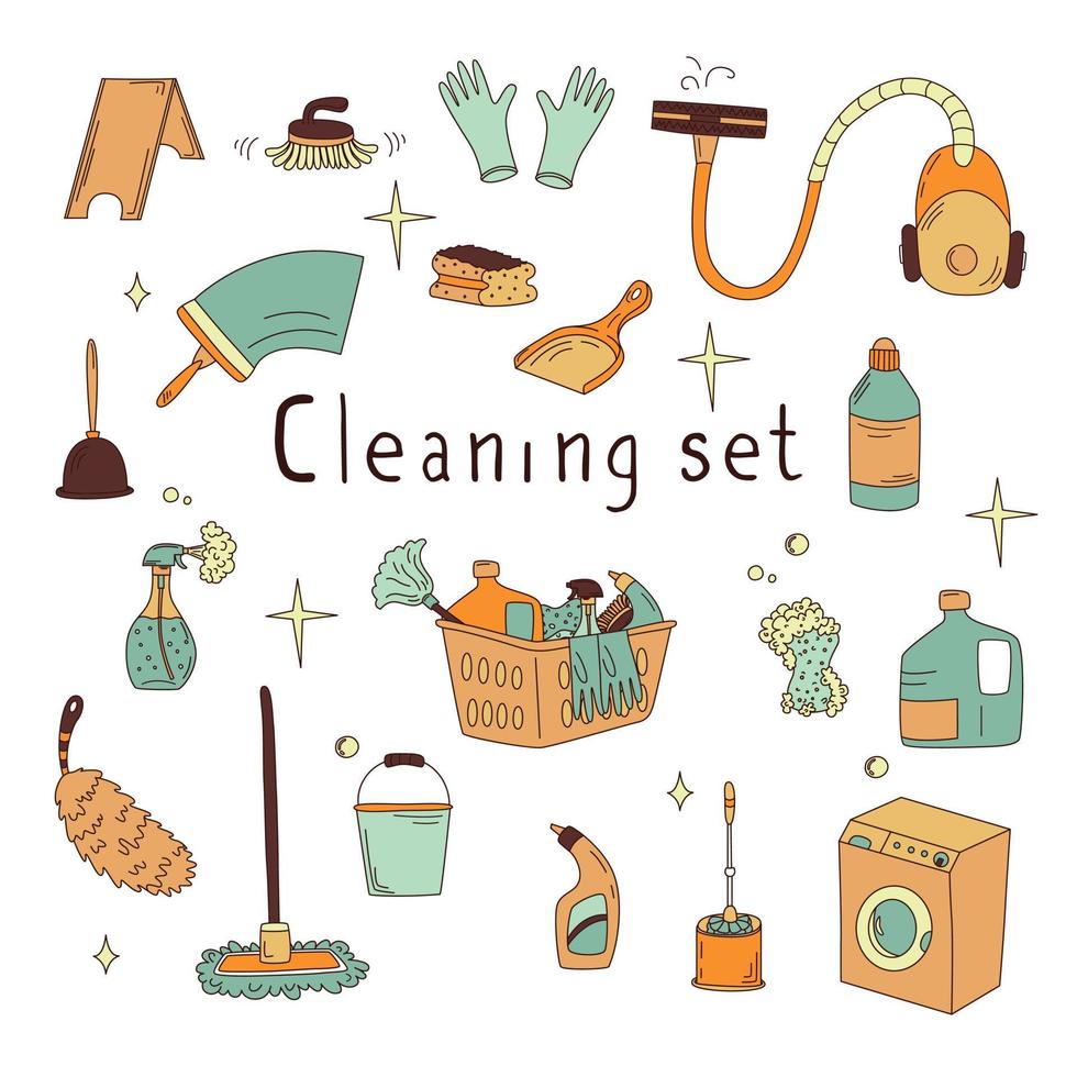 Hand Drawn Set With Elements Of Cleaning Products. Vacuum Cleaner, Mops, Gloves, Rags vector