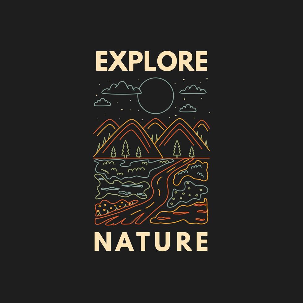 explorar la naturaleza. placa con montañas, camino y luna en estilo garabato. vector