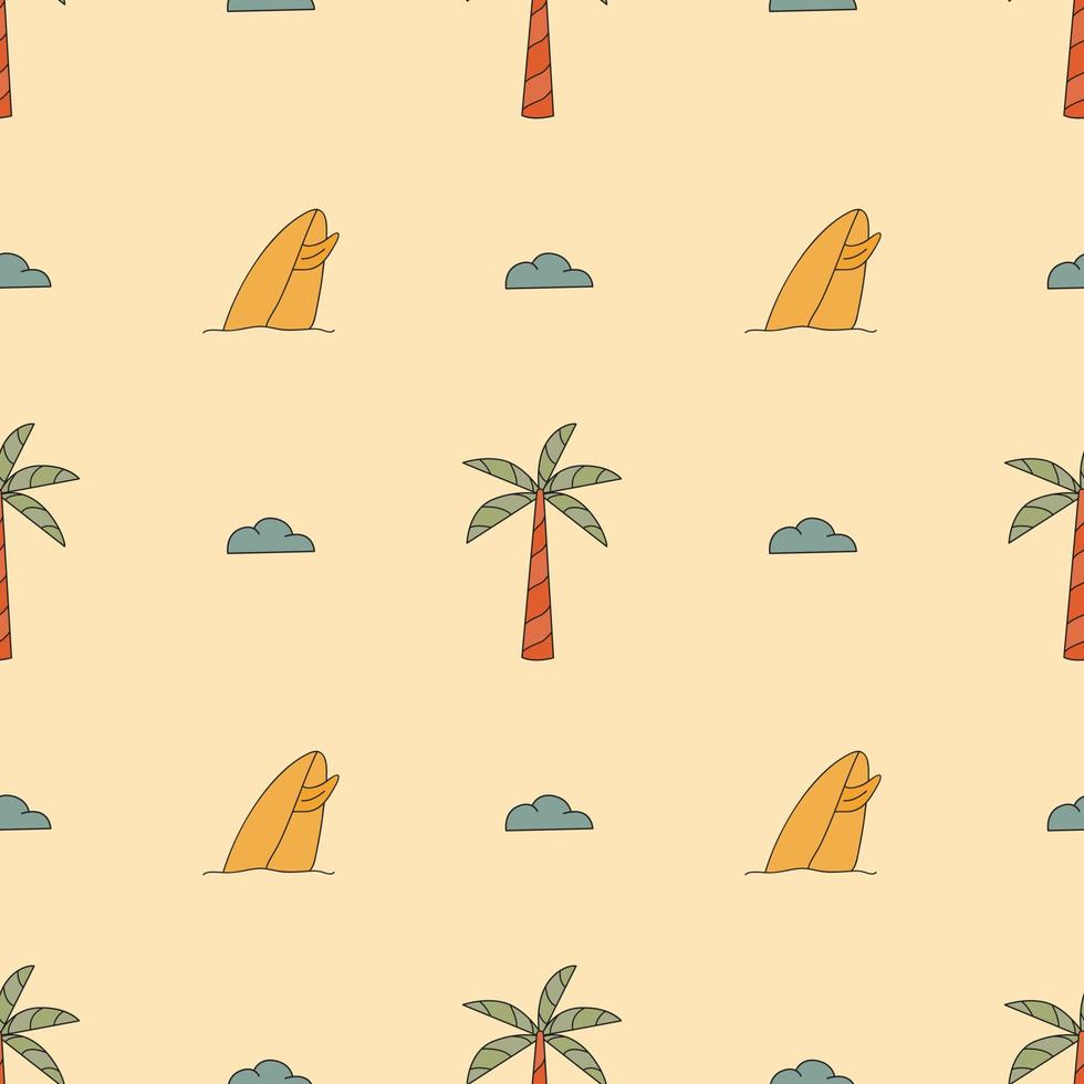 Seamless Pattern With Elements For Surfing. Palm Trees, Waves And Surf Boards In The Doodle Style. vector