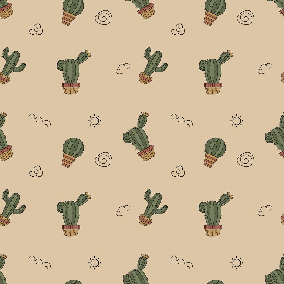 Seamless Pattern With Cacti In Pots In The Doodle Style. vector