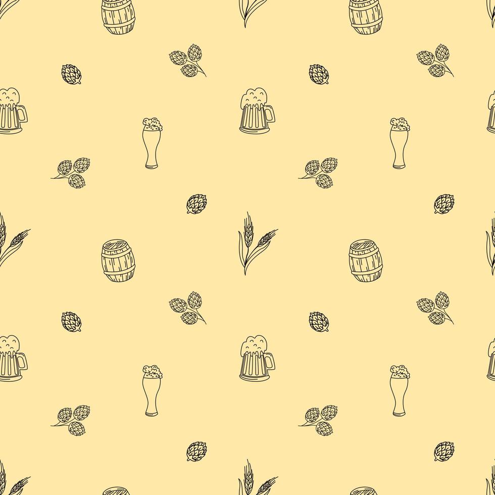 Seamless Pattern With Beer Mugs And Spikelets. One-Color Contour Flat Vector Illustration, Hand Drawn.