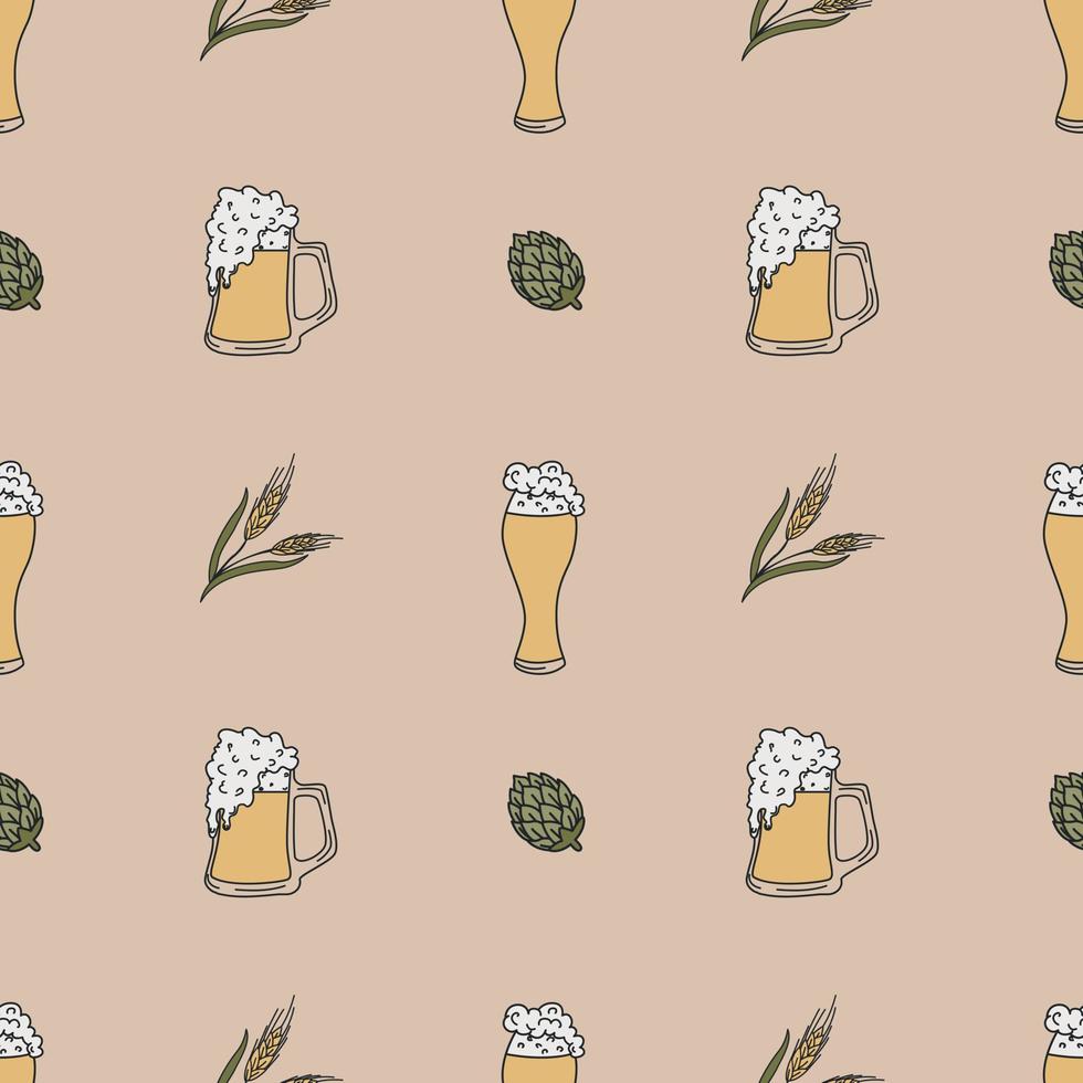 Seamless Pattern With Beer Mugs And Spikelets. Color Hand Drawn Flat Vector Illustration.
