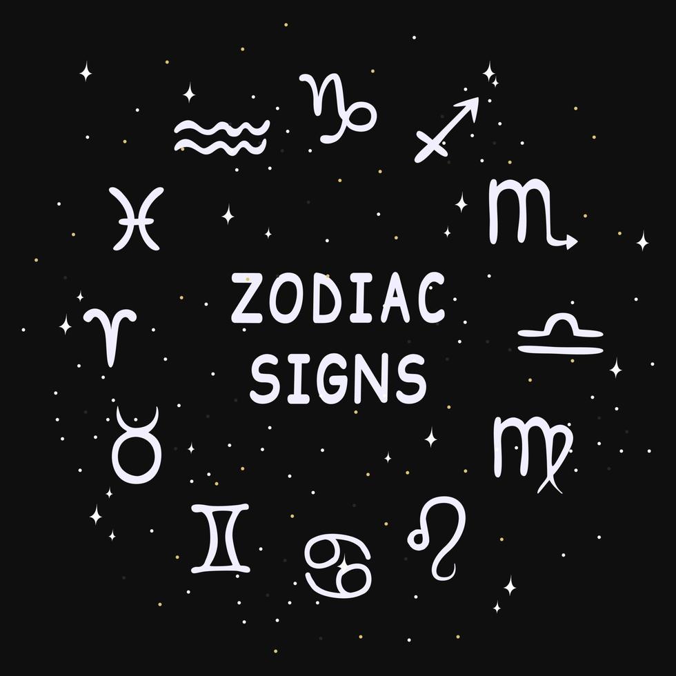 Zodiac Signs And Their Symbols In A Circle. Hand Drawn Vector Illustration In Doodle Style.