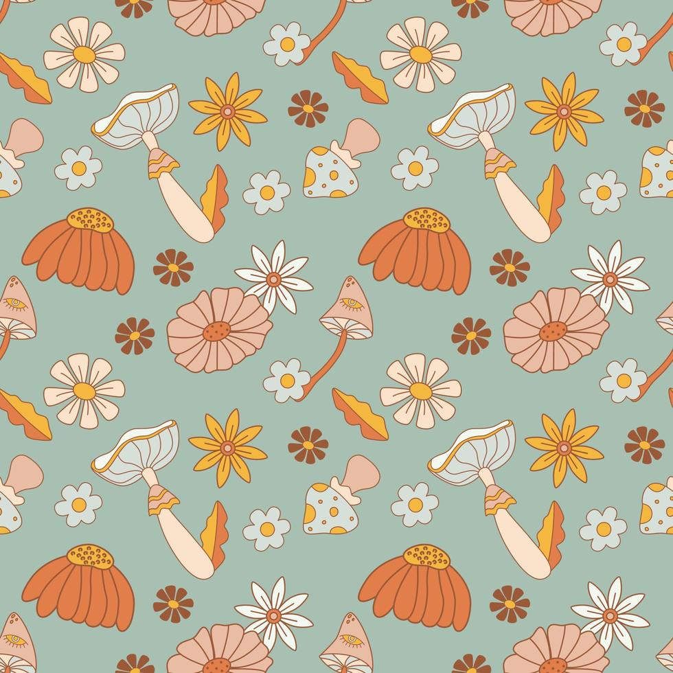 Seamless Pattern With Doodle Style Flowers And Mushrooms. Hippie Print Concept. vector