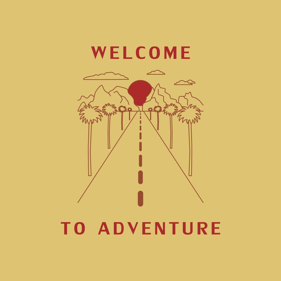Welcome To Adventure. The Road To The Mountains, Palm Trees. The Concept Of Travel. Hand Drawn Outline Vector Illustration.