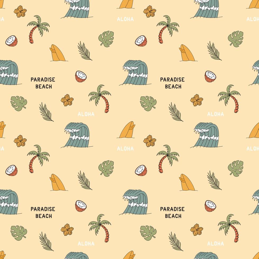 Seamless Pattern With Elements For Surfing. Palm Trees, Waves And Surf Boards In The Doodle Style. vector