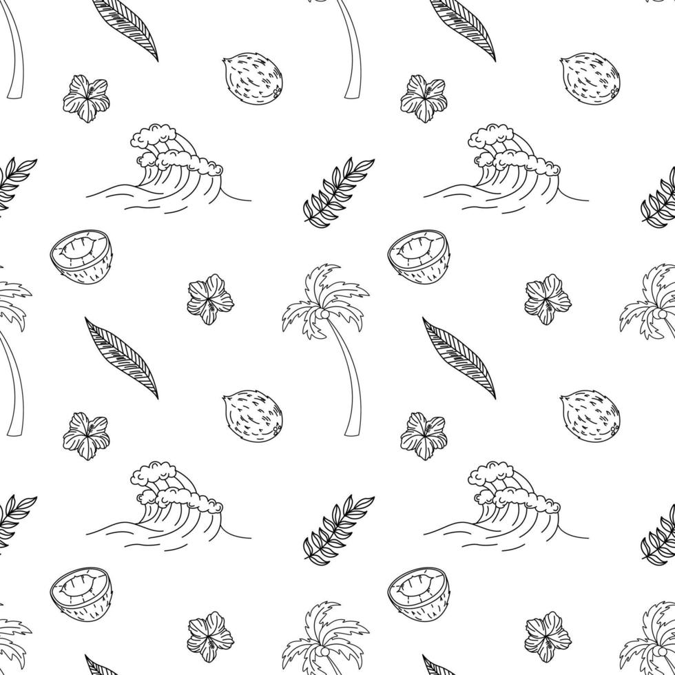 Seamless Pattern With Elements For Surfing. Palm Trees, Waves And Surf Boards In The Doodle Style. vector