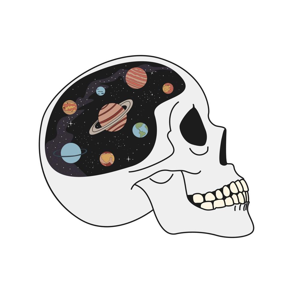 Human Skull With Space Inside. Planets, Stars. Flat Vector Illustration. Vector Print For Tshirt Graphics And Other Uses.
