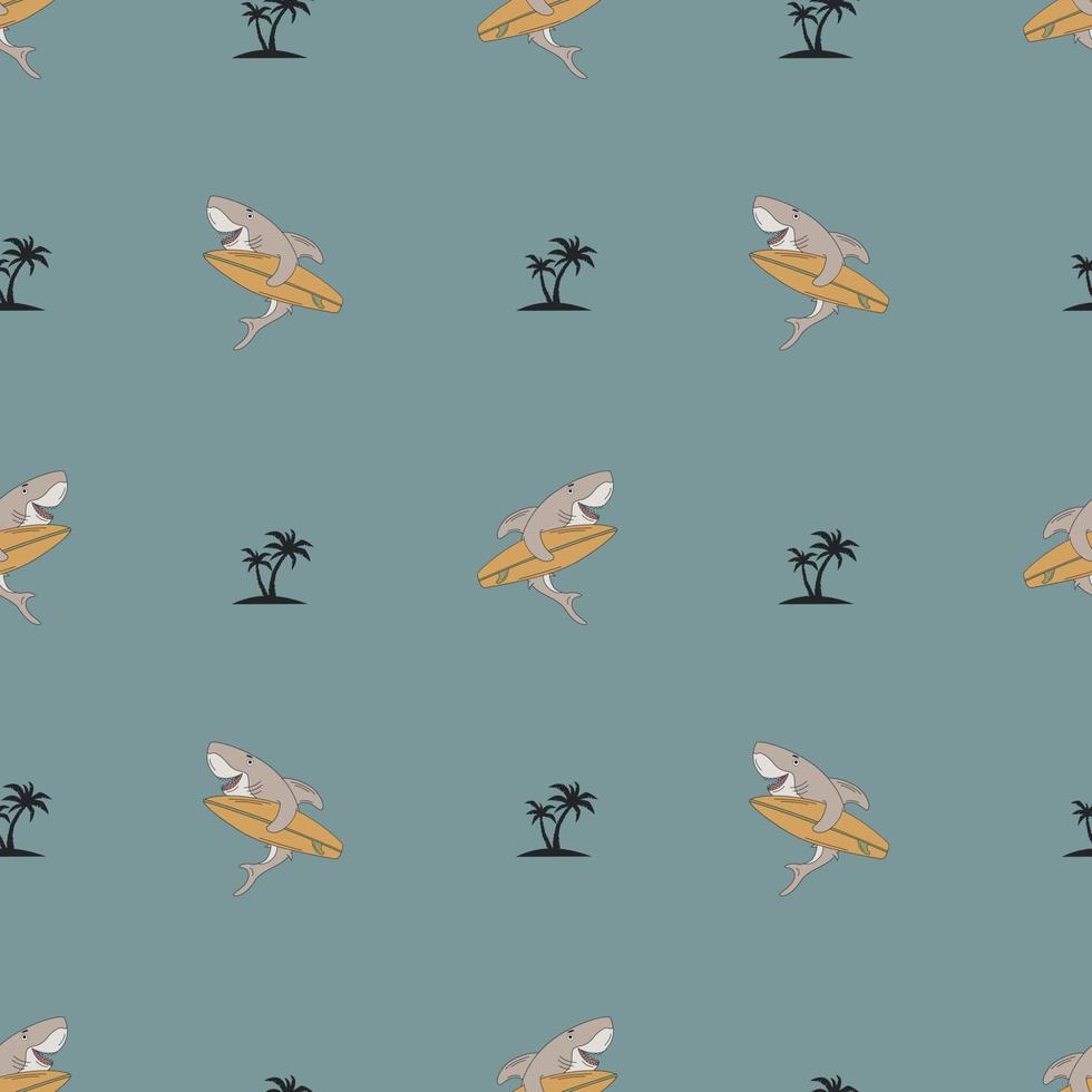 Seamless Pattern With Shark, Surf Boards And Waves In Doodle Style. The Concept Of Surfing. Hand Drawn. vector