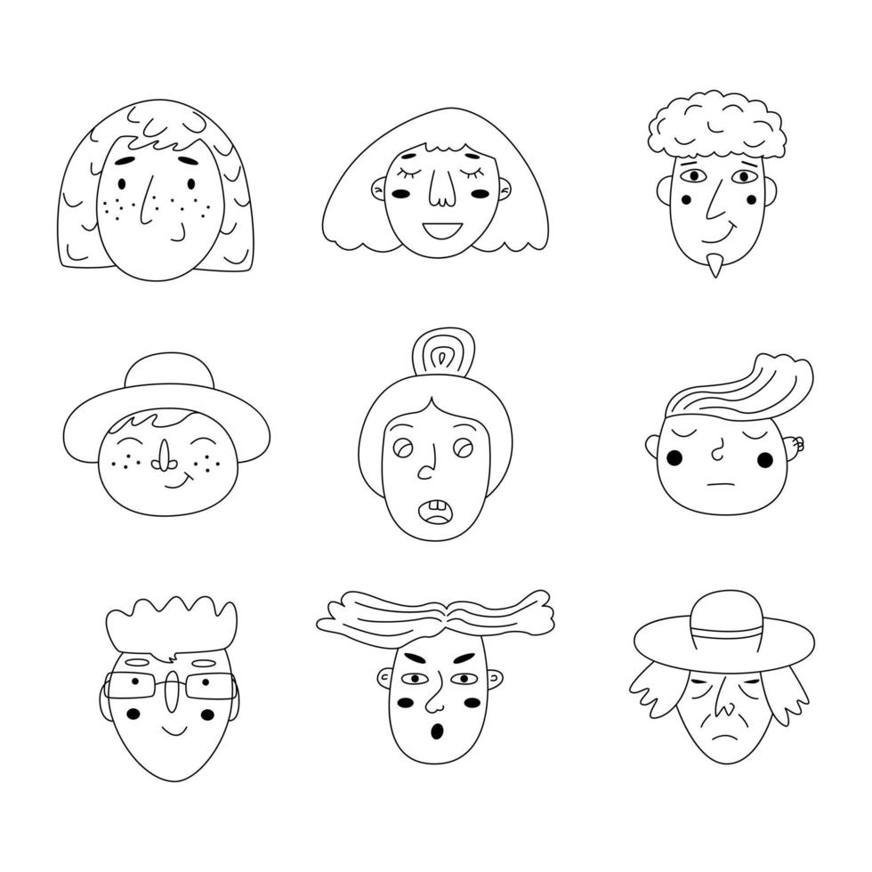 conjunto de rostros de personas al estilo de duddle. ilustración de vector de contorno dibujado a mano.