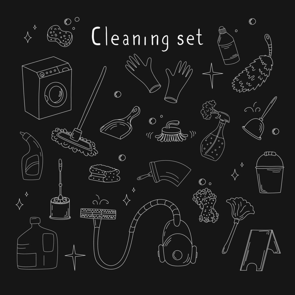 Hand Drawn Set With Elements Of Cleaning Products. Vacuum Cleaner, Mops, Gloves, Rags And More In The Doodle Style. vector