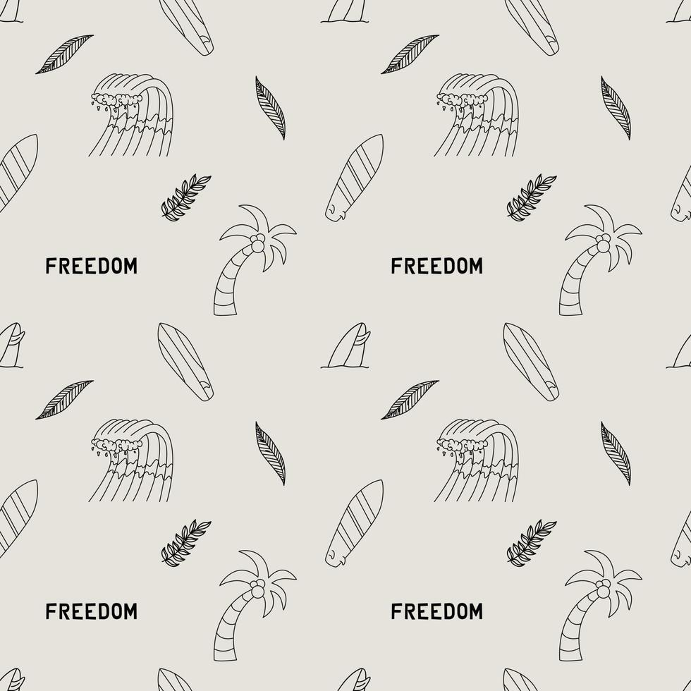 Seamless Pattern With Elements For Surfing. Palm Trees, Waves And Surf Boards In The Doodle Style. vector