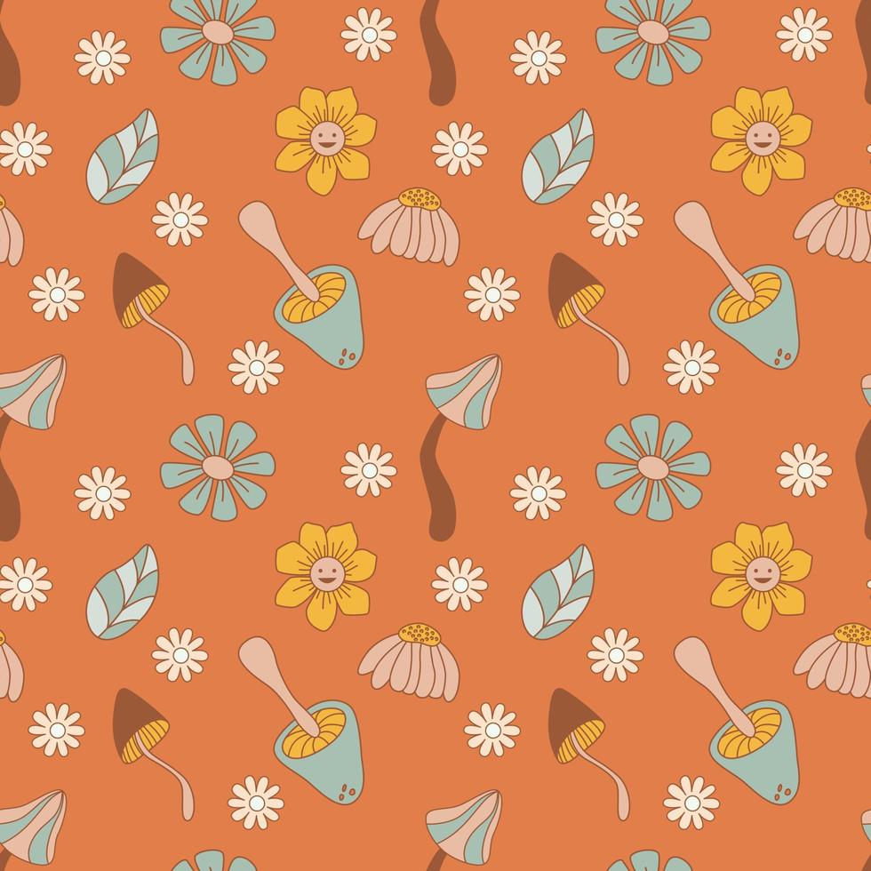 Seamless Pattern With Doodle Style Flowers And Mushrooms. Hippie Print Concept. Vector Illustration For Textiles, Covers, Clothing