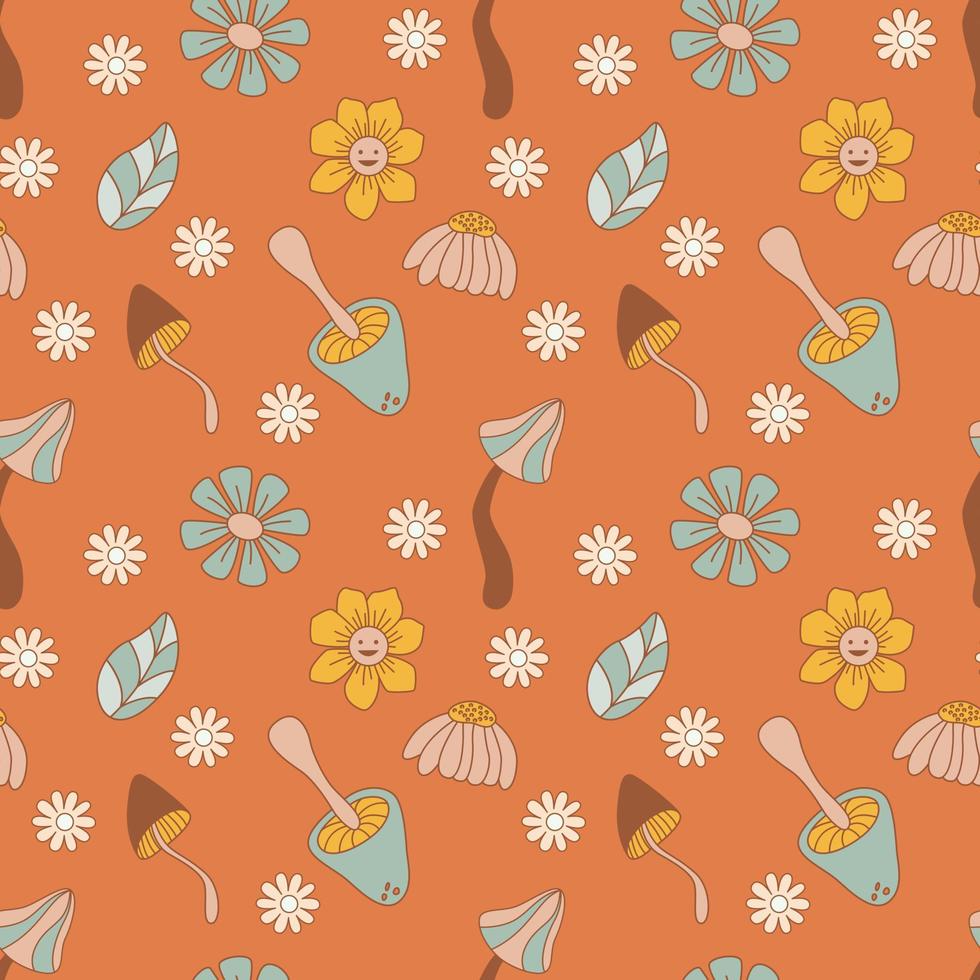 Seamless Pattern With Doodle Style Flowers And Mushrooms. Hippie Print Concept. Vector Illustration For Textiles, Covers, Clothing