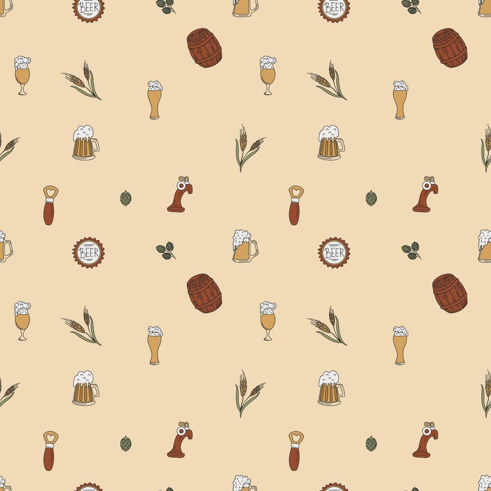 Seamless Pattern With Beer Mugs And Spikelets. Color Hand Drawn Flat Vector Illustration.