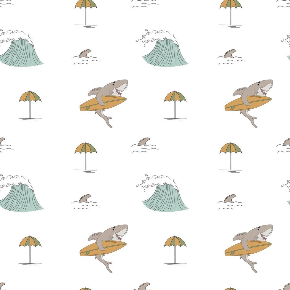 Seamless Pattern With Shark, Surf Boards And Waves In Doodle Style. The Concept Of Surfing. Hand Drawn. vector
