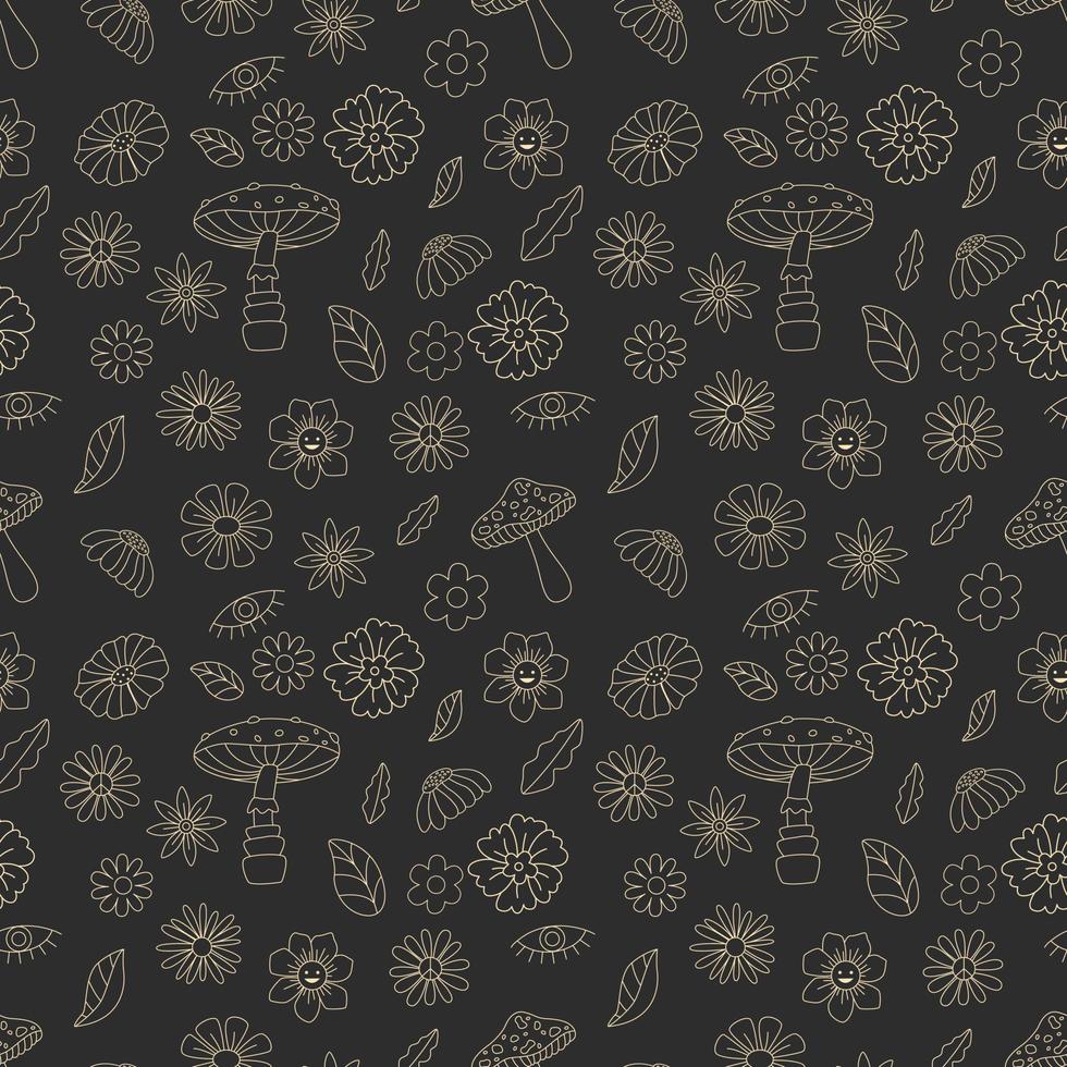 Seamless Pattern With Mushrooms And Flowers, Hippie Concept. Hand Drawn Flat Vector Illustration.