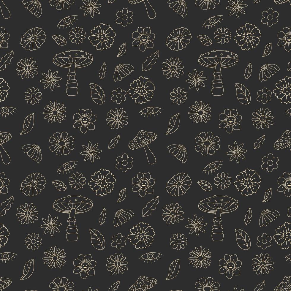 Seamless Pattern With Mushrooms And Flowers, Hippie Concept. Hand Drawn Flat Vector Illustration.