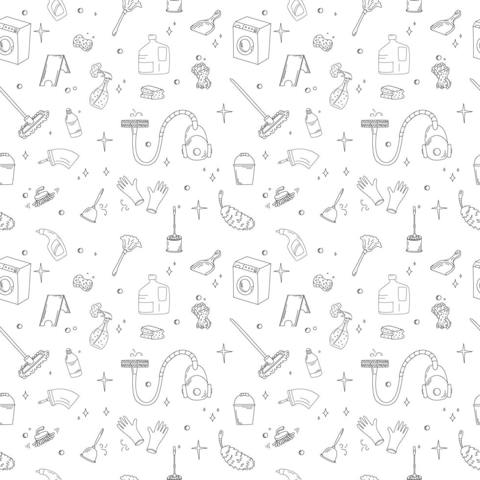 Seamless Pattern With Doodle Style Cleaning Elements. vector
