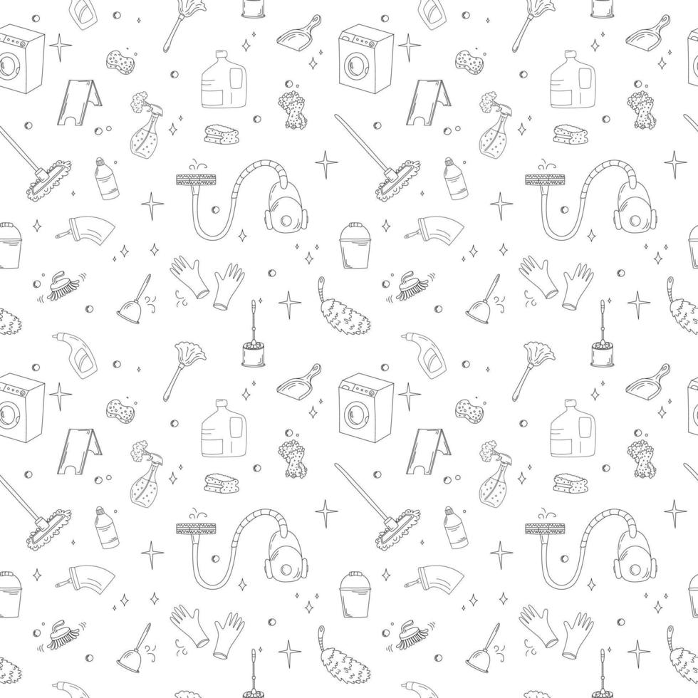 Seamless Pattern With Doodle Style Cleaning Elements. vector