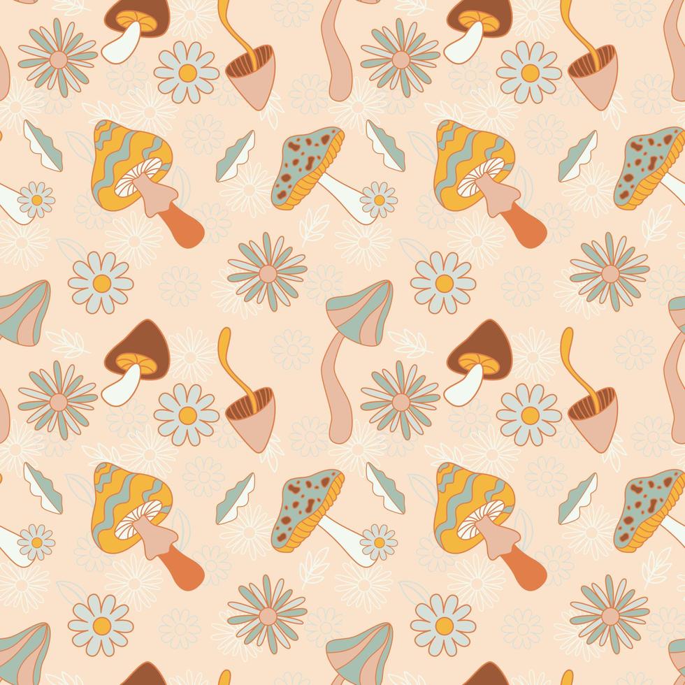Seamless Pattern With Doodle Style Flowers And Mushrooms. Hippie Print Concept. Vector Illustration For Textiles, Covers, Clothing